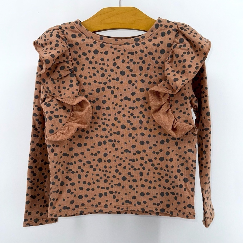 Grayson Mini Girls Ruffle Sweatshirt - Brown Polka Dot